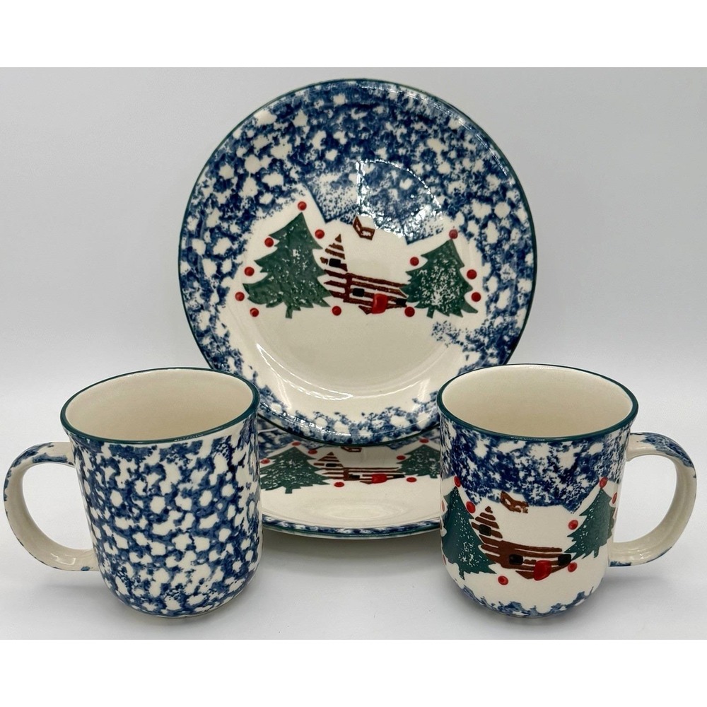 Folkcraft By Tienshan Stoneware Cabin in the Snow Mug & Plate Set for Two EUC